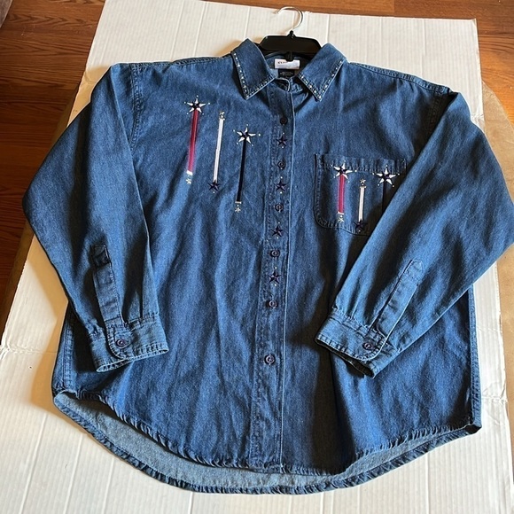 Shipshe-L-Patriotic denim L/S button-down Shirt with matching T-shirt. - Picture 3 of 16